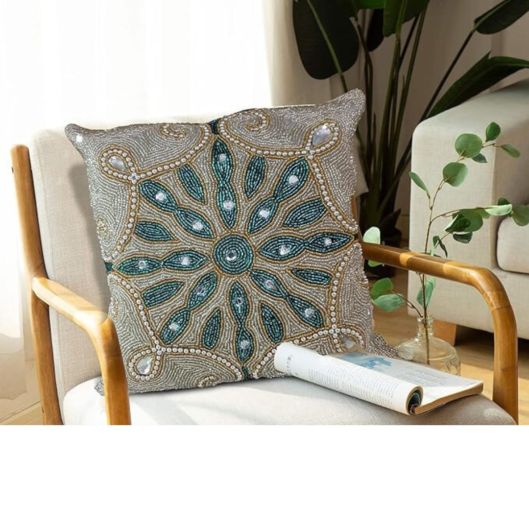Linen Beaded Starbust Throw Pillow in Teal, Gold and Silver (14x14) - HER Home Design Boutique